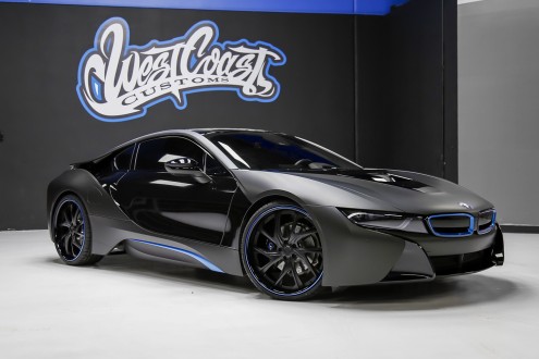 Black BMW i8 on black and white LF-759 wheels.