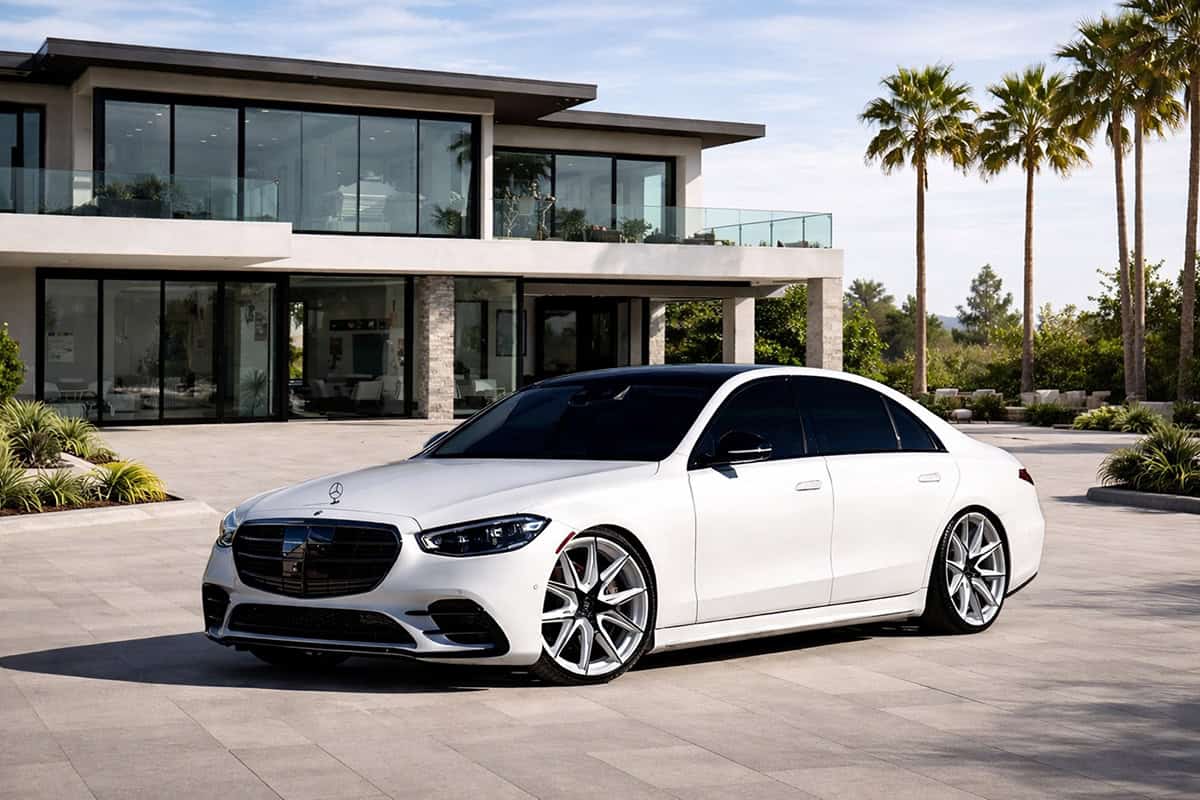 Mercedes-Benz luxury car with Lexani custom wheels and sleek design.