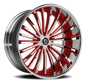 High-end Lexani custom wheel with intricate red and silver detailing.