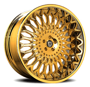 Luxurious gold alloy wheel for high-end vehicles.