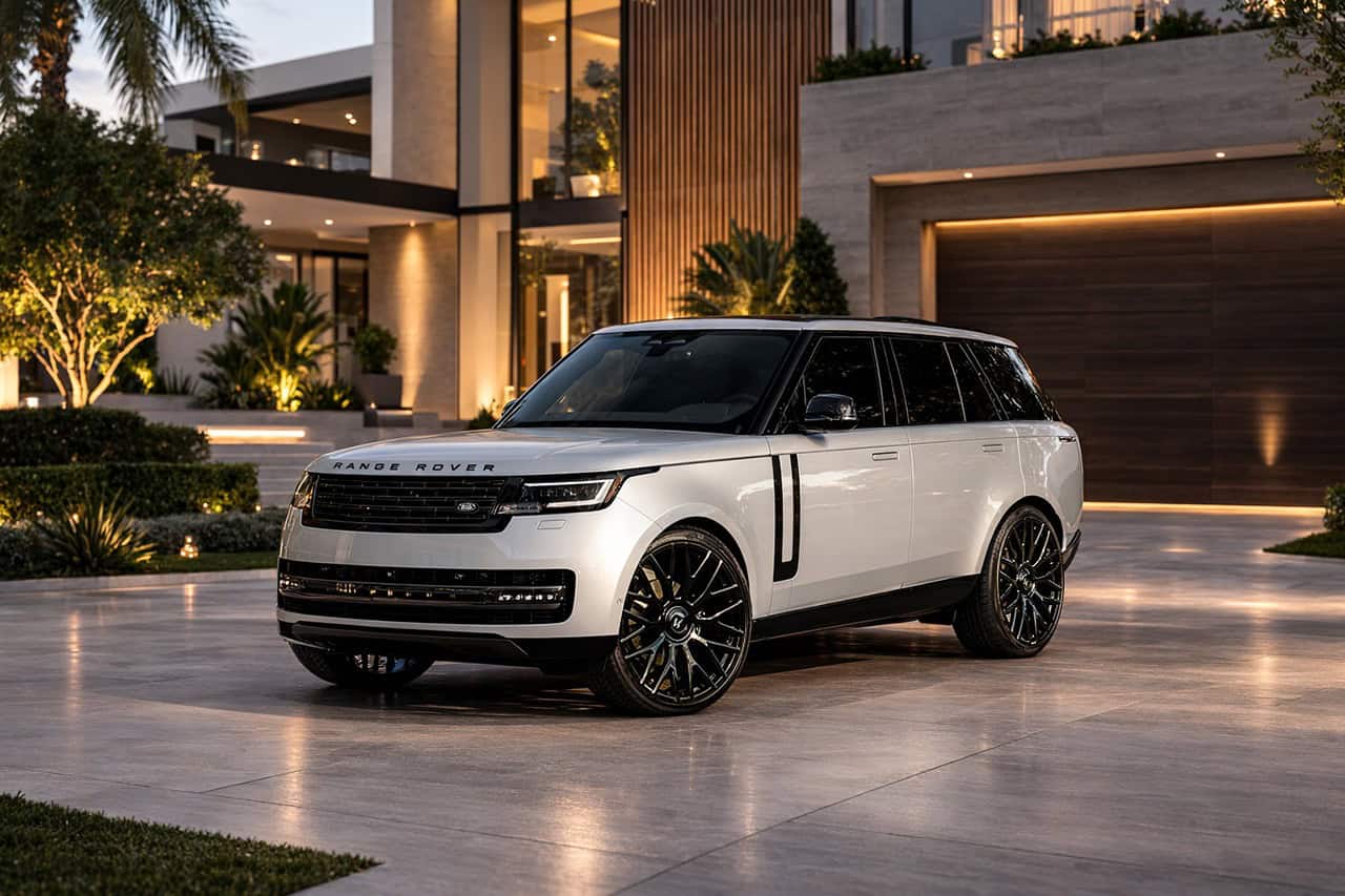 Elegant white Range Rover SUV with custom Lexani wheels parked outside a contemporary residence during sunset.