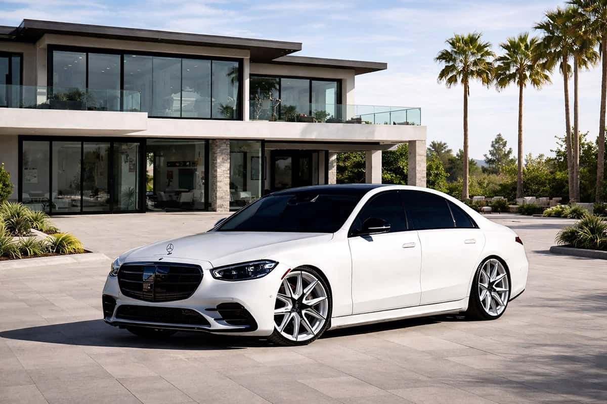 Premium Mercedes-Benz luxury sedan parked in front of a contemporary house with palm trees, showcasing elegance and style.